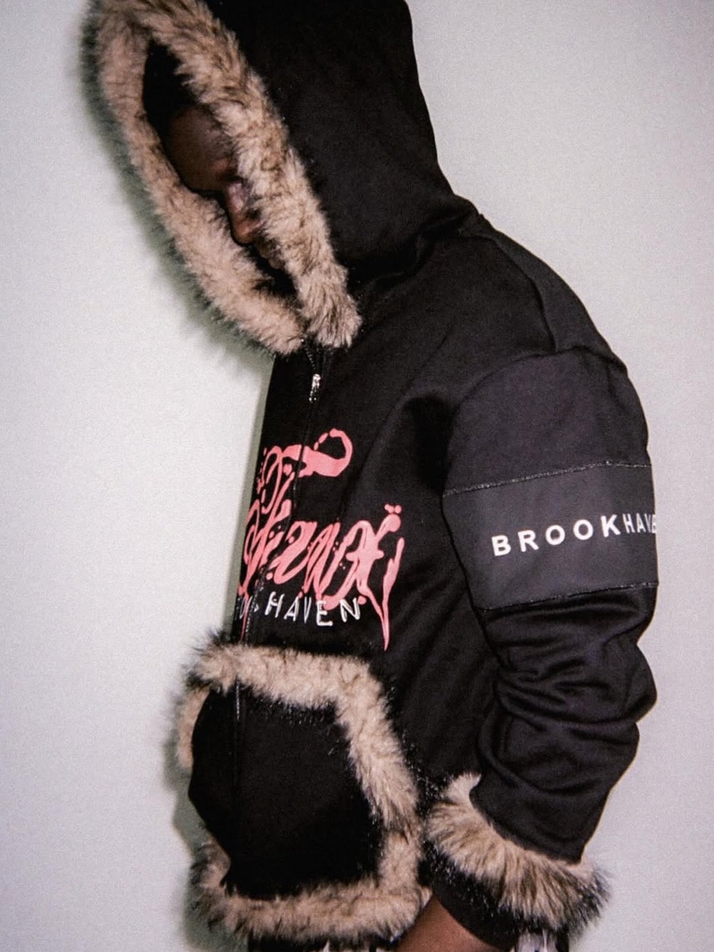 BROOKHAVEN Men’s Black Faux-Fur Trim Hooded Jacket